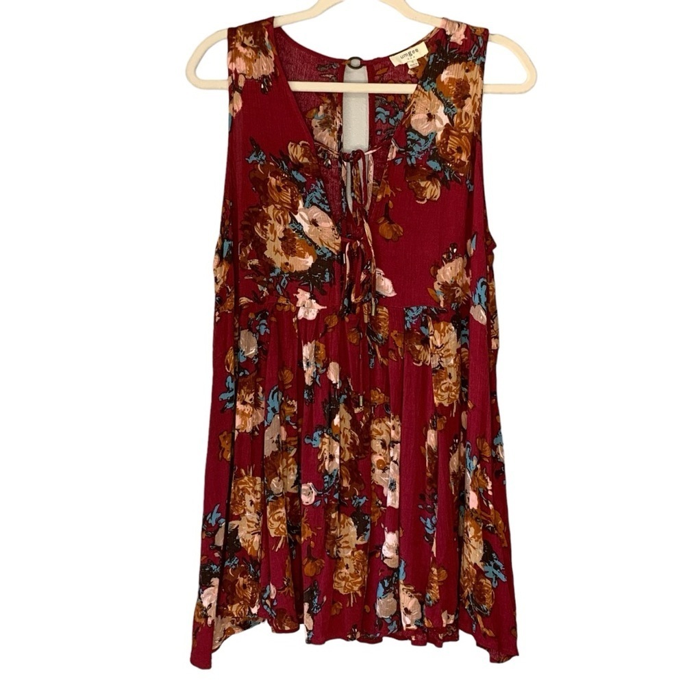 UMGEE maroon burgundy red multi floral mini sundress ties in front. Size S